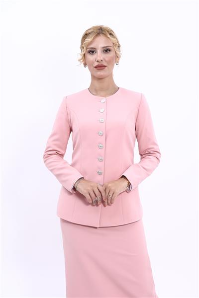 Sıfır Yaka Düğmeli Şık Kadın Ceket-Pudra