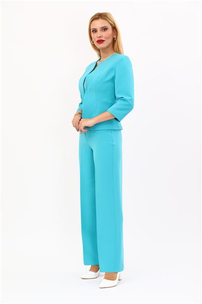 Sıfır Yaka Düz Kısa Ceket & Bol Paça Pantolon Takım-Turkuaz