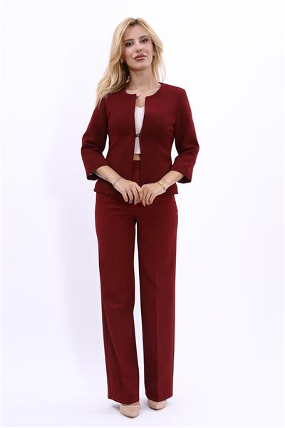 Sıfır Yaka Düz Kısa Ceket & Bol Paça Pantolon Takım-Bordo