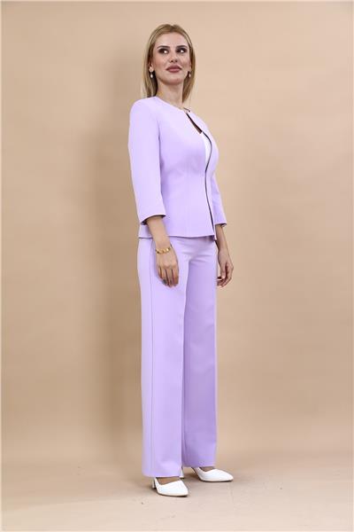 Sıfır Yaka Düz Kısa Ceket & Bol Paça Pantolon Takım-Menekşe