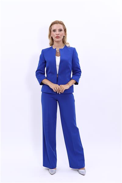 Sıfır Yaka Düz Kısa Ceket & Bol Paça Pantolon Takım-Saks