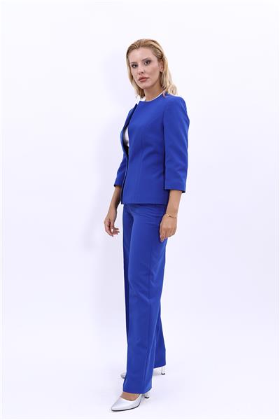 Sıfır Yaka Düz Kısa Ceket & Bol Paça Pantolon Takım-Saks