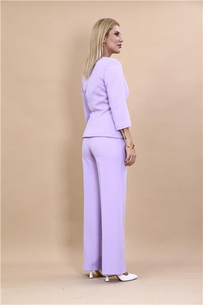 Sıfır Yaka Düz Kısa Ceket & Bol Paça Pantolon Takım-Menekşe