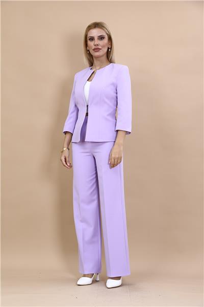 Sıfır Yaka Düz Kısa Ceket & Bol Paça Pantolon Takım-Menekşe