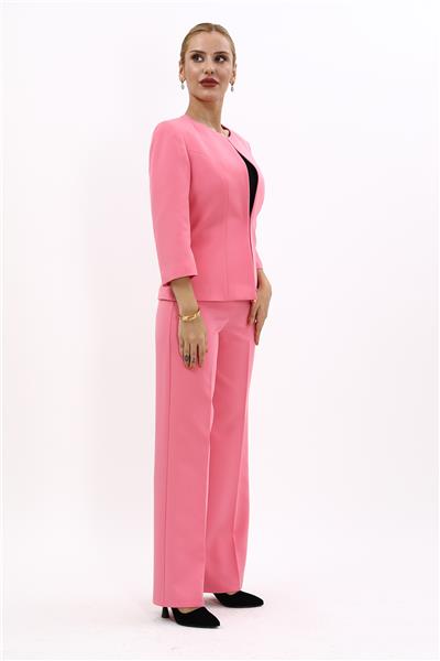 Sıfır Yaka Düz Kısa Ceket & Bol Paça Pantolon Takım-Pembe