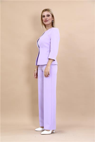 Sıfır Yaka Düz Kısa Ceket & Bol Paça Pantolon Takım-Menekşe