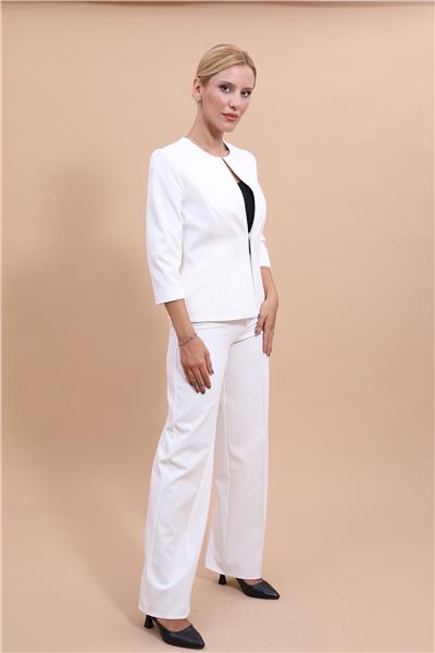 Sıfır Yaka Düz Kısa Ceket & Bol Paça Pantolon Takım-Beyaz