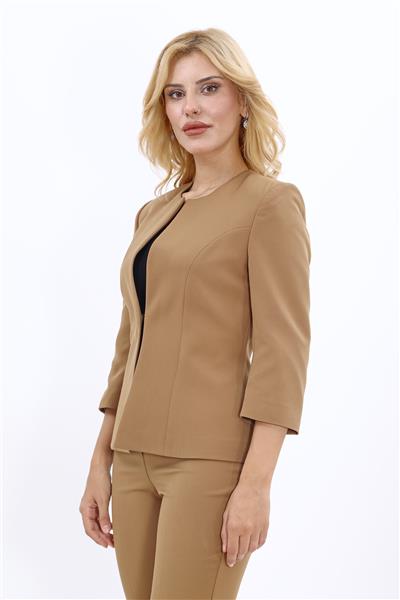 Sıfır Yaka Düz Kısa Ceket-Camel - 1015100