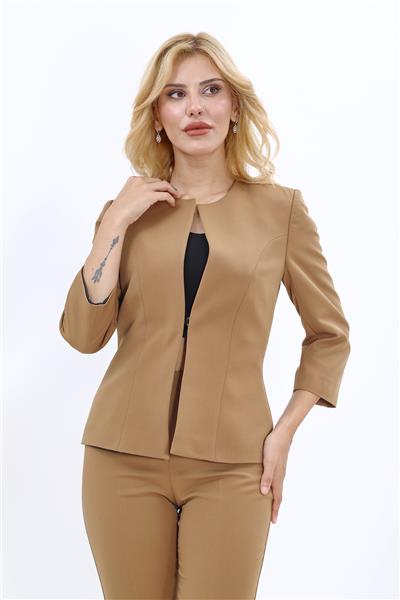 Sıfır Yaka Düz Kısa Ceket-Camel - 1015100