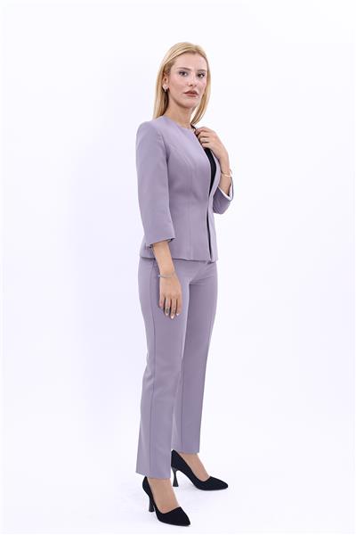 Sıfır Yaka Düz Kısa Ceket &  Dar Paça Pantolon-Antrasit