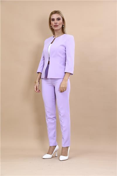 Sıfır Yaka Düz Kısa Ceket &  Dar Paça Pantolon-Menekşe