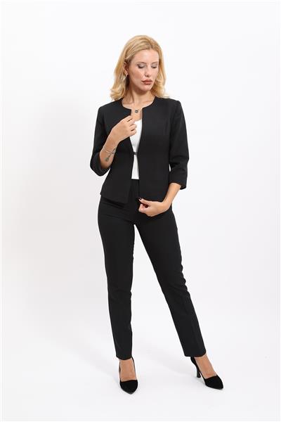 Sıfır Yaka Düz Kısa Ceket &  Dar Paça Pantolon-Siyah