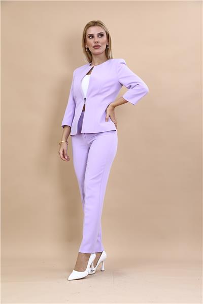 Sıfır Yaka Düz Kısa Ceket &  Dar Paça Pantolon-Menekşe