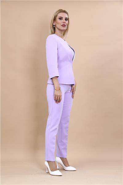 Sıfır Yaka Düz Kısa Ceket &  Dar Paça Pantolon-Menekşe