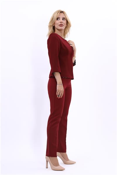 Sıfır Yaka Düz Kısa Ceket &  Dar Paça Pantolon-Bordo
