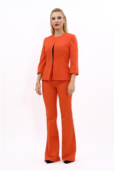 Sıfır Yaka Düz Kısa Ceket &  İspanyol Paça Pantolon-Turuncu
