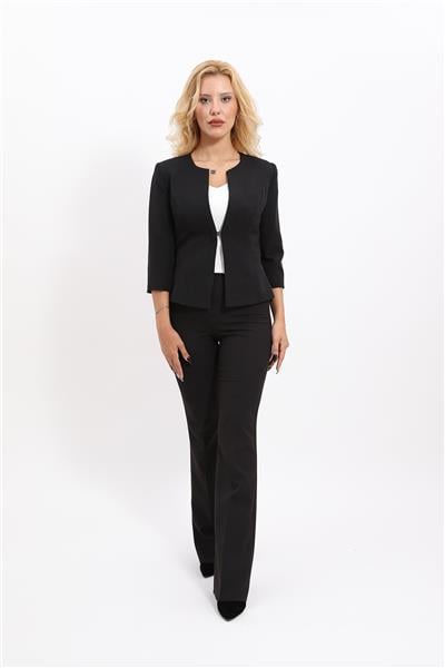 Sıfır Yaka Düz Kısa Ceket &  İspanyol Paça Pantolon-Siyah