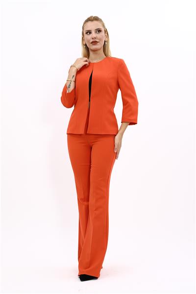Sıfır Yaka Düz Kısa Ceket &  İspanyol Paça Pantolon-Turuncu