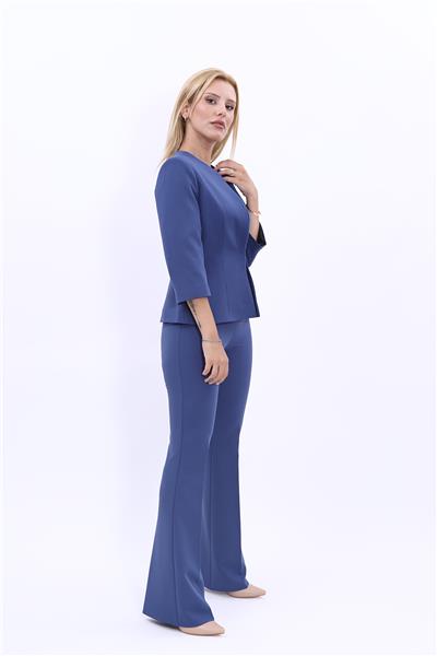 Sıfır Yaka Düz Kısa Ceket &  İspanyol Paça Pantolon-İndigo