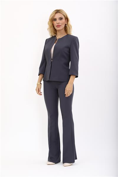 Sıfır Yaka Düz Kısa Ceket &  İspanyol Paça Pantolon-Füme