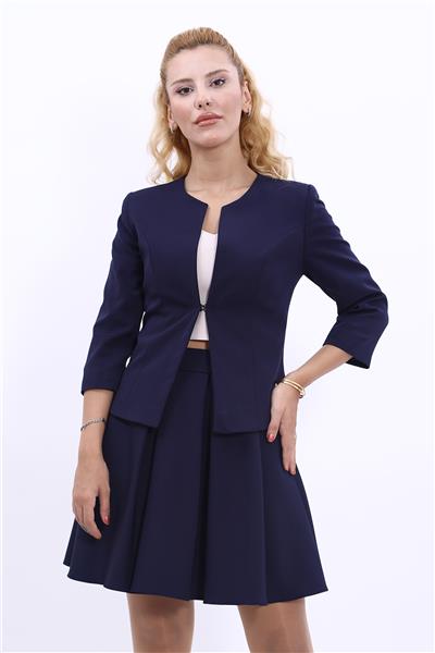 Sıfır Yaka Düz Kısa Ceket-Lacivert