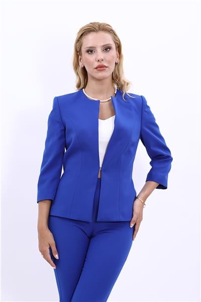 Sıfır Yaka Düz Kısa Ceket-Saks