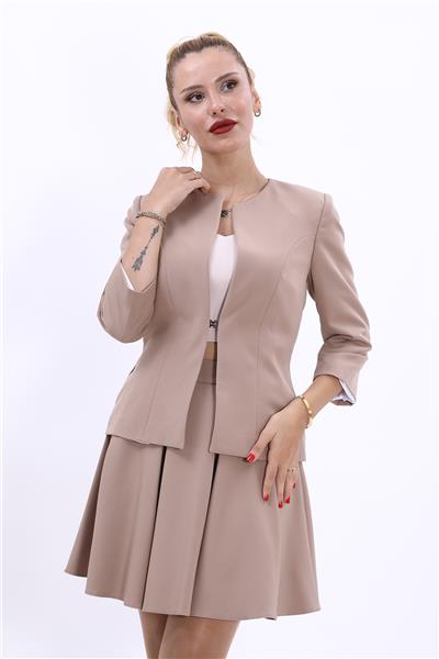 Sıfır Yaka Düz Kısa Ceket-Taş