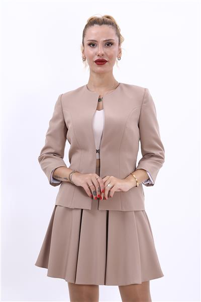Sıfır Yaka Düz Kısa Ceket-Taş
