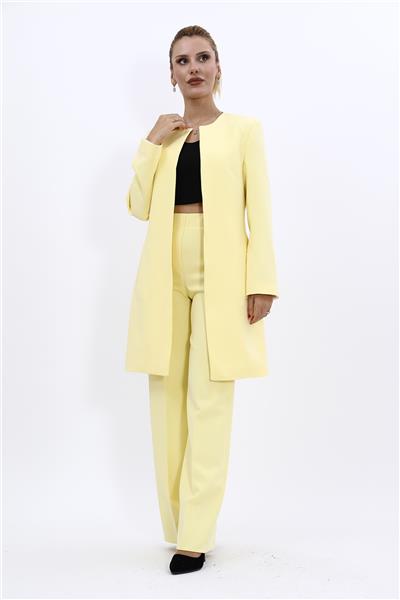Sıfır Yaka Düz Uzun Ceket & Bol Paça Pantolon-Sarı