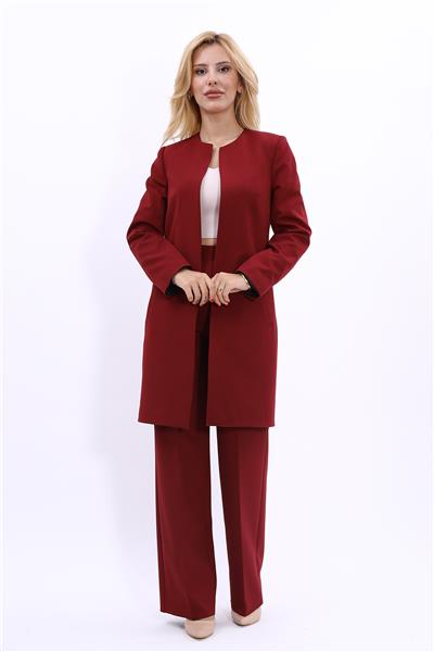 Sıfır Yaka Düz Uzun Ceket & Bol Paça Pantolon-Bordo