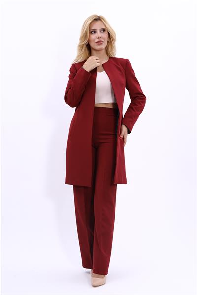Sıfır Yaka Düz Uzun Ceket & Bol Paça Pantolon-Bordo