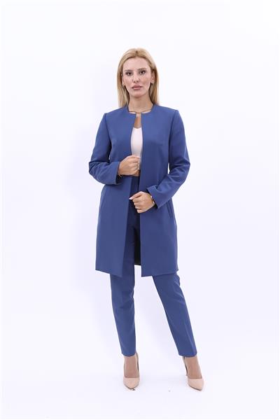 Sıfır Yaka Düz Uzun Ceket & Dar Paça Pantolon-İndigo