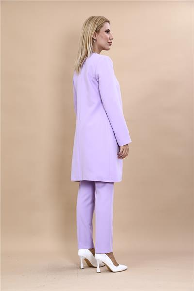 Sıfır Yaka Düz Uzun Ceket & Dar Paça Pantolon-Menekşe