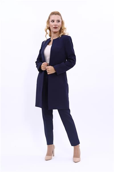 Sıfır Yaka Düz Uzun Ceket & Dar Paça Pantolon-Lacivert