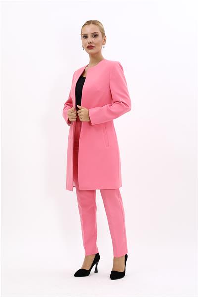 Sıfır Yaka Düz Uzun Ceket & Dar Paça Pantolon-Pembe