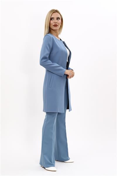 Sıfır Yaka Düz Uzun Ceket & İspanyol Paça Pantolon-Deniz