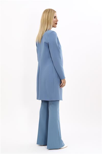 Sıfır Yaka Düz Uzun Ceket & İspanyol Paça Pantolon-Deniz