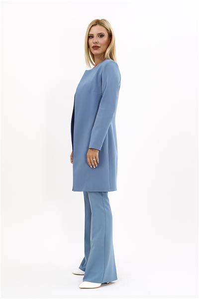 Sıfır Yaka Düz Uzun Ceket & İspanyol Paça Pantolon-Deniz