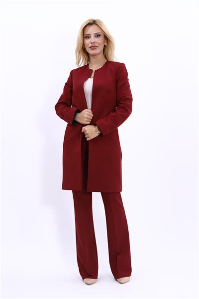 Sıfır Yaka Düz Uzun Ceket & İspanyol Paça Pantolon-Bordo