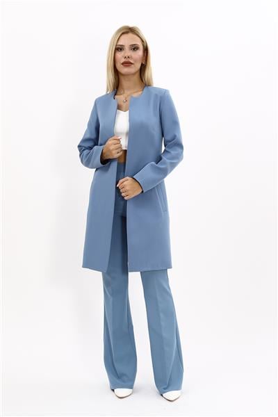 Sıfır Yaka Düz Uzun Ceket & İspanyol Paça Pantolon-Deniz