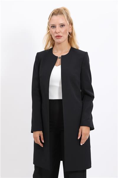Sıfır Yaka Düz Uzun Tesettür Kadın Ceket-Siyah