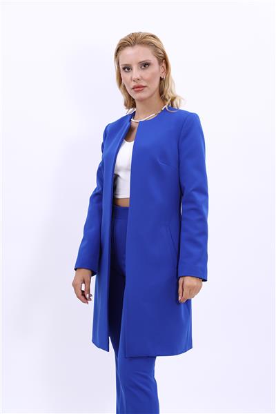 Sıfır Yaka Düz Uzun Tesettür Kadın Ceket-Saks