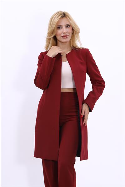 Sıfır Yaka Düz Uzun Tesettür Kadın Ceket-Bordo