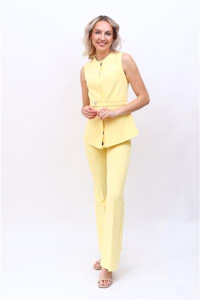 Sıfır Yaka Kemerli Yelek & İspanyol Paça Pantolon-Sarı