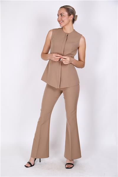 Sıfır Yaka Kemerli Yelek & İspanyol Paça Pantolon-Taş