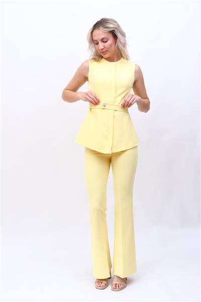 Sıfır Yaka Kemerli Yelek & İspanyol Paça Pantolon-Sarı