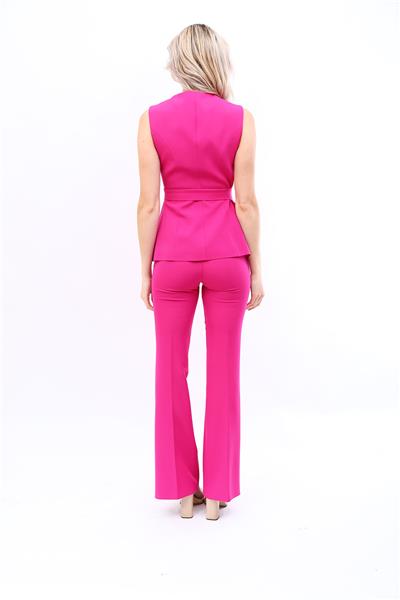 Sıfır Yaka Kemerli Yelek & İspanyol Paça Pantolon-Fuşya