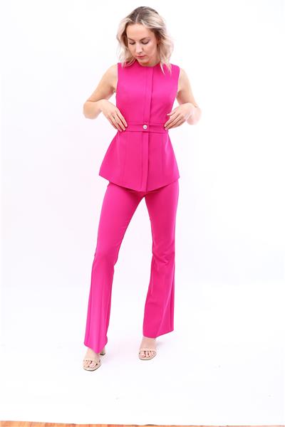 Sıfır Yaka Kemerli Yelek & İspanyol Paça Pantolon-Fuşya