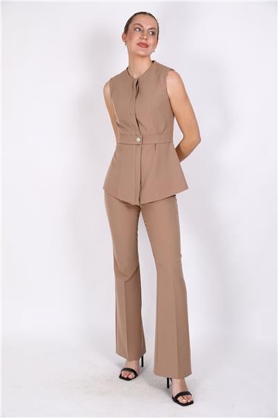 Sıfır Yaka Kemerli Yelek & İspanyol Paça Pantolon-Taş