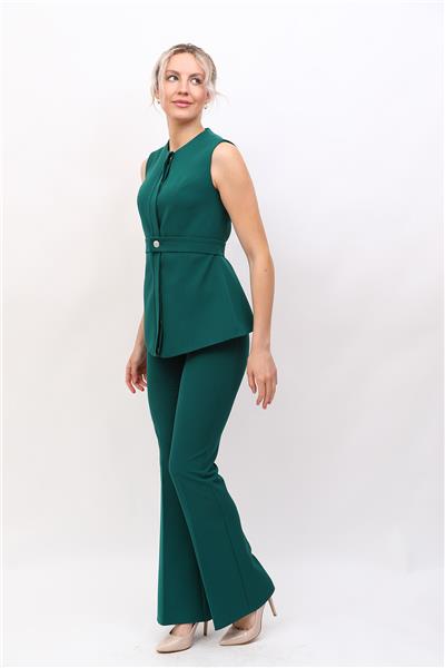 Sıfır Yaka Kemerli Yelek & İspanyol Paça Pantolon-Zümrüt